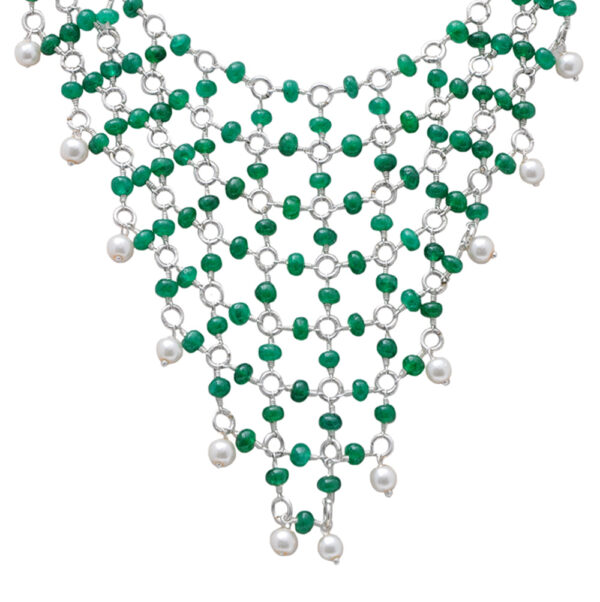 Pearl & Emerald Gemstone Knotted Bead Necklace In .925 Sterling Silver Cm1122