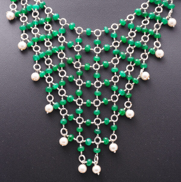 Pearl & Emerald Gemstone Knotted Bead Necklace In .925 Sterling Silver Cm1122