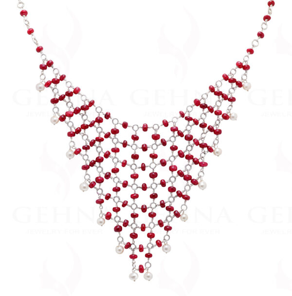 Pearl & Ruby Gemstone Knotted Necklace In .925 Sterling Silver Cm1123