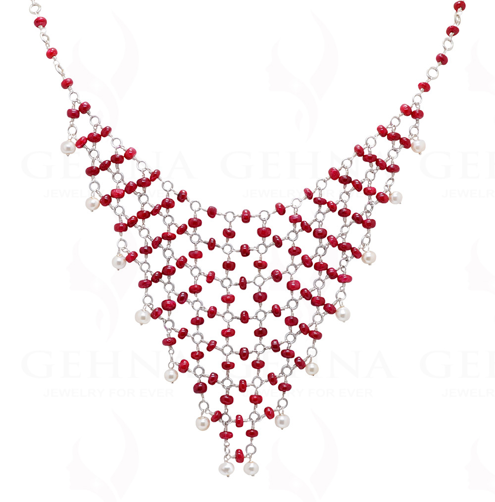 Pearl & Ruby Gemstone Knotted Necklace In .925 Sterling Silver Cm1123