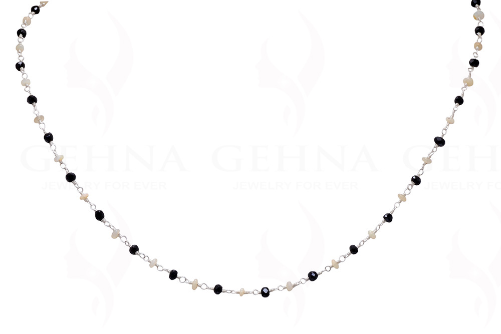 Black Spinel & Opal Gemstone Bead Chain Knotted In .925 Sterling Silver CS-1123