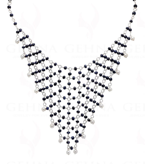 Pearl & Blue Sapphire Gemstone Bead Necklace In .925 Sterling Silver Cm1124