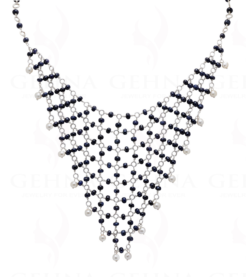 Pearl & Blue Sapphire Gemstone Bead Necklace In .925 Sterling Silver Cm1124