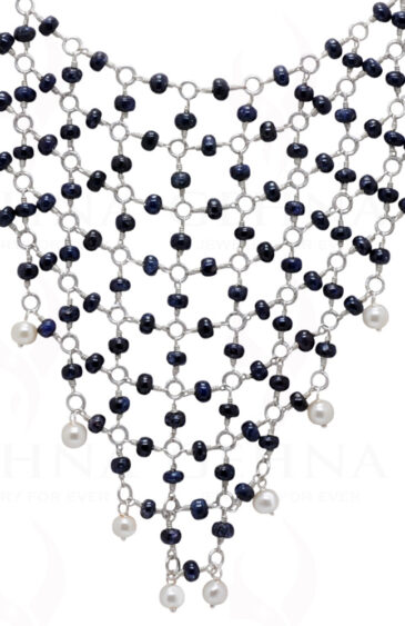 Pearl & Blue Sapphire Gemstone Bead Necklace In .925 Sterling Silver Cm1124
