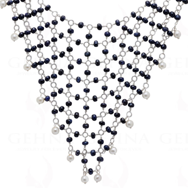 Pearl & Blue Sapphire Gemstone Bead Necklace In .925 Sterling Silver Cm1124