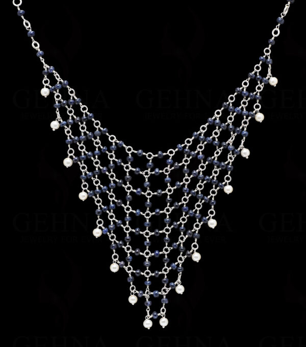 Pearl & Blue Sapphire Gemstone Bead Necklace In .925 Sterling Silver Cm1124