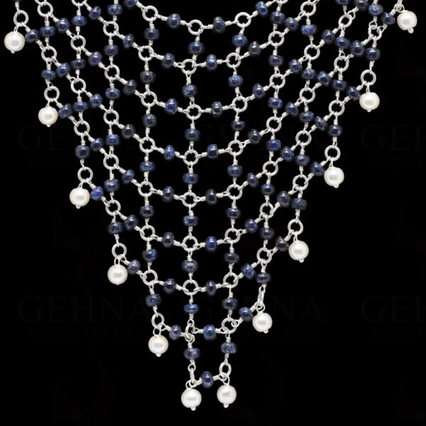 Pearl & Blue Sapphire Gemstone Bead Necklace In .925 Sterling Silver Cm1124