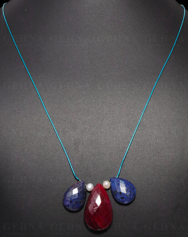 Almond Shaped Blue Sapphire, Ruby & Pearl Beaded Necklace NM-1125