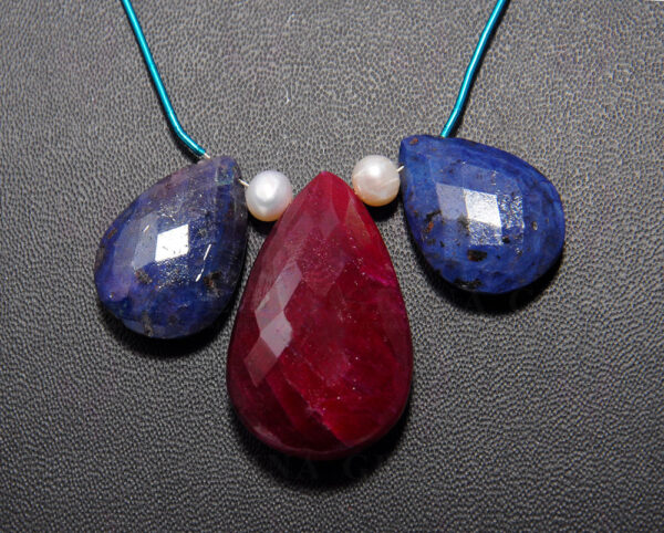 Almond Shaped Blue Sapphire, Ruby & Pearl Beaded Necklace NM-1125