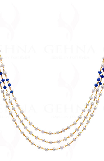 3 Rows Of Pearl & Sapphire Gemstone Chain Knotted In.925 Sterling Silver Cm1126