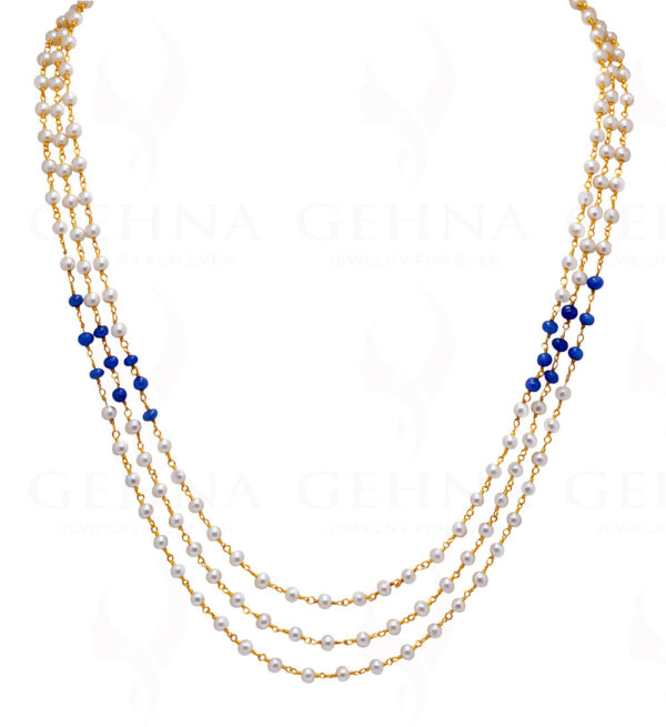 3 Rows Of Pearl & Sapphire Gemstone Chain Knotted In.925 Sterling Silver Cm1126