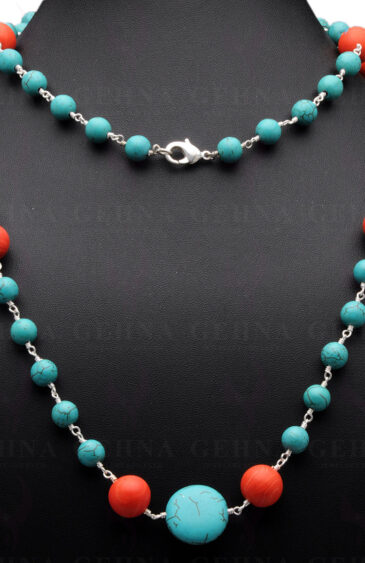 Turquoise & Coral Gemstone Bead Chain Knotted In .925 Sterling Silver CS-1126