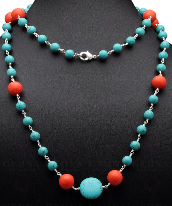 Turquoise & Coral Gemstone Bead Chain Knotted In .925 Sterling Silver CS-1126