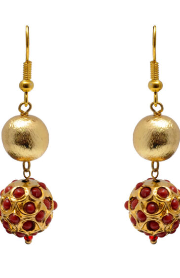 Coral Gemstone & Golden Color Lac Ball Earring LE01-1126