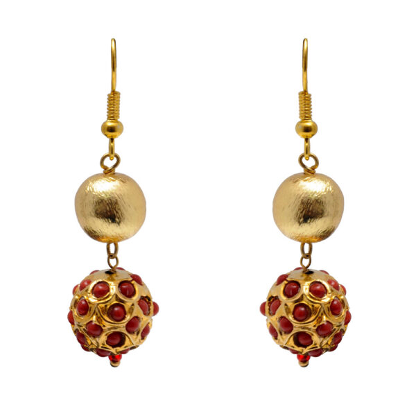 Coral Gemstone & Golden Color Lac Ball Earring LE01-1126