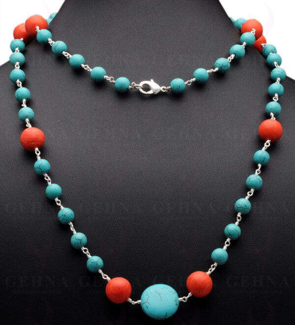 Turquoise & Coral Gemstone Bead Chain Knotted In .925 Sterling Silver CS-1126