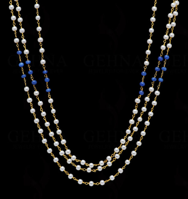 3 Rows Of Pearl & Sapphire Gemstone Chain Knotted In.925 Sterling Silver Cm1126