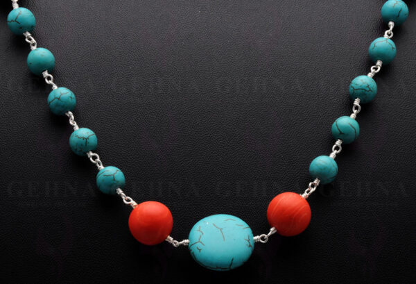 Turquoise & Coral Gemstone Bead Chain Knotted In .925 Sterling Silver CS-1126