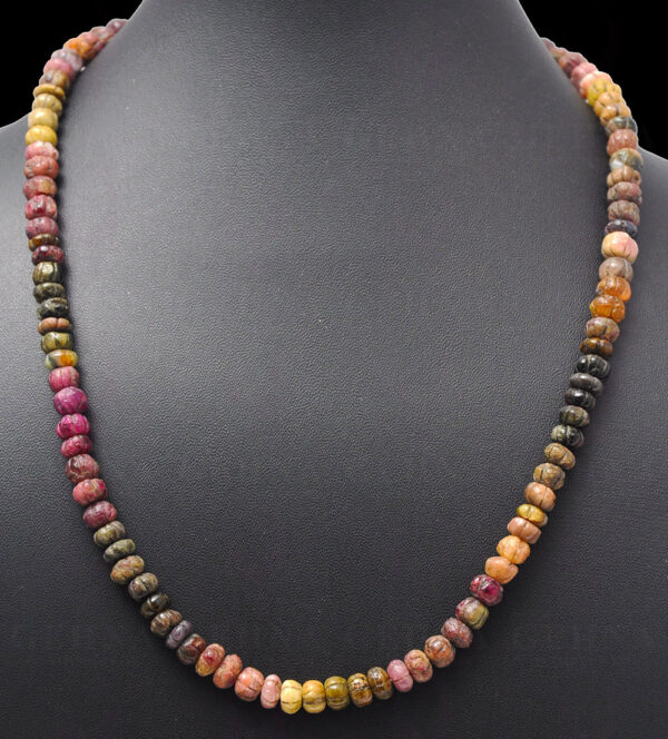 Multi Color Tourmaline Melon Shaped Bead Necklace With Silver Element NS-1126