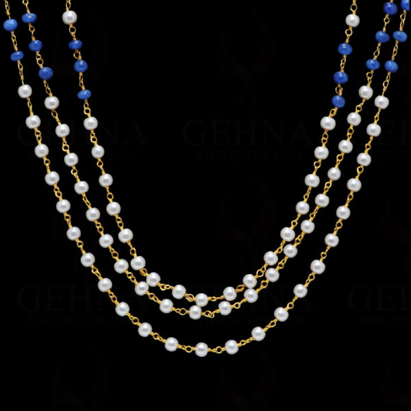 3 Rows Of Pearl & Sapphire Gemstone Chain Knotted In.925 Sterling Silver Cm1126