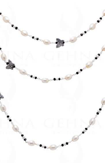 57″ Inches Long Pearl & Black Spinel Knotted Chain With Silver Elements Cm1127