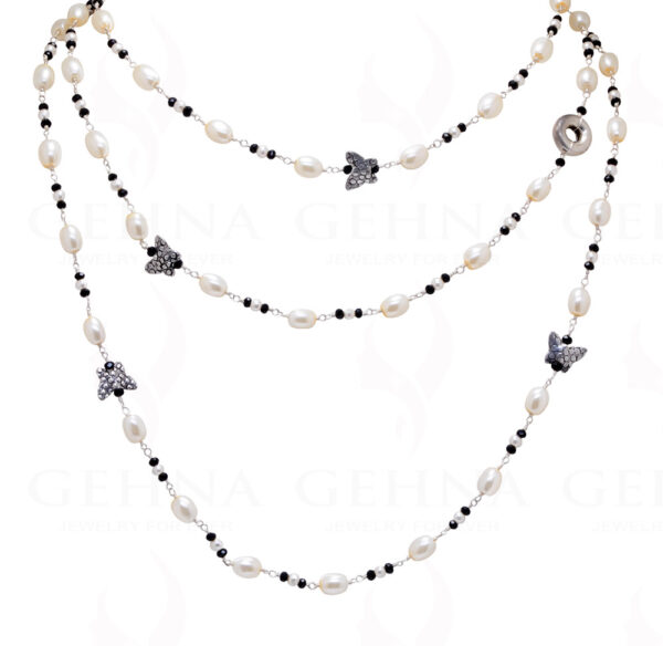 57" Inches Long Pearl & Black Spinel Knotted Chain With Silver Elements Cm1127