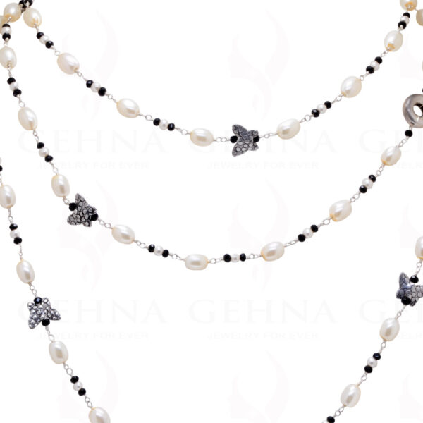 57" Inches Long Pearl & Black Spinel Knotted Chain With Silver Elements Cm1127