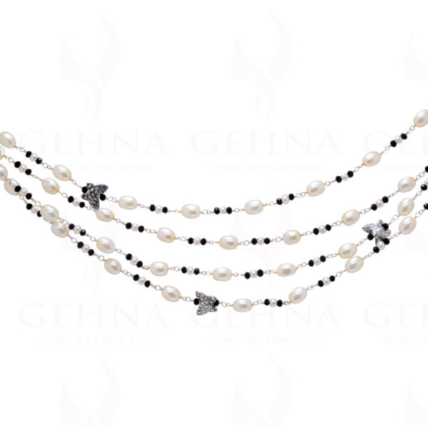 57" Inches Long Pearl & Black Spinel Knotted Chain With Silver Elements Cm1127