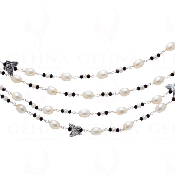 57" Inches Long Pearl & Black Spinel Knotted Chain With Silver Elements Cm1127