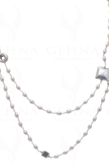 52″ Inches Long Pearl Knotted Chain With Silver Elements Cm1128