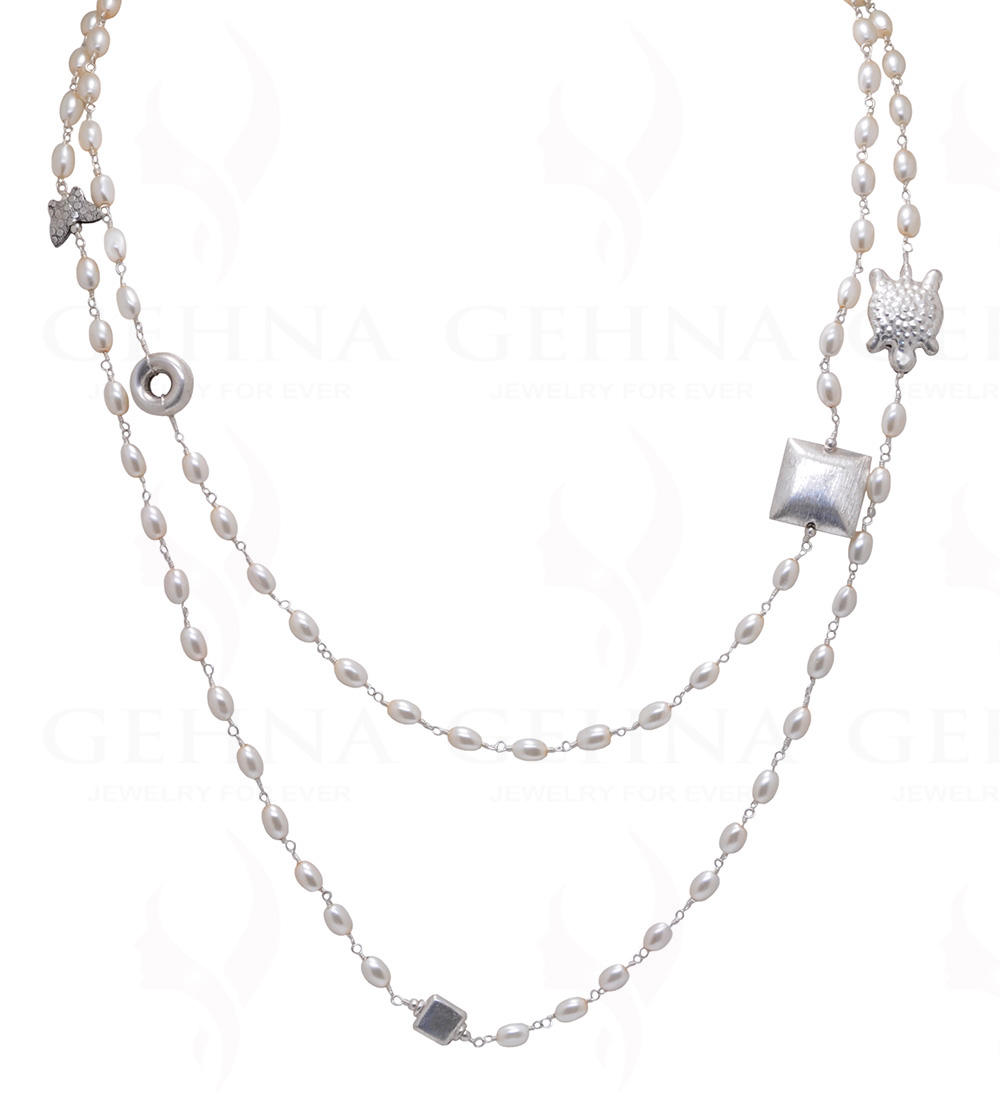 52" Inches Long Pearl Knotted Chain With Silver Elements Cm1128