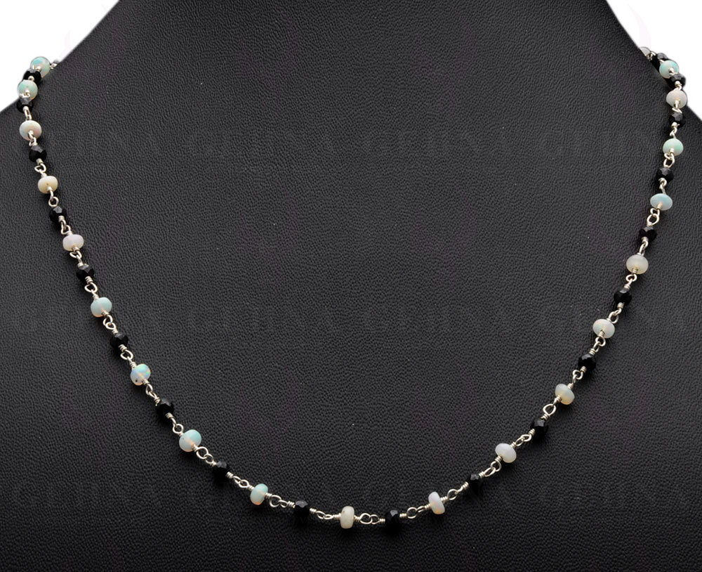 Black Spinel & Opal Gemstone Bead Chain Knotted In .925 Sterling Silver CS-1128