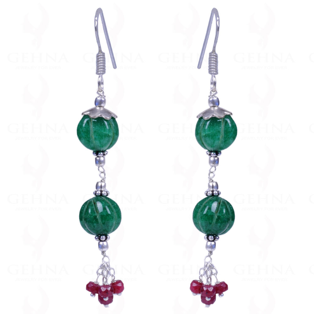 Ruby & Melon Shape Emerald Gemstone .925 Sterling Silver Earrings ES-1128