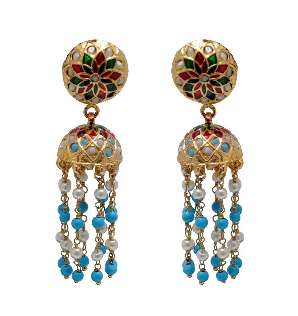 Pearl & Turquoise Gemstone Lac Earring With Red & Green Enamel Work LE01-1128