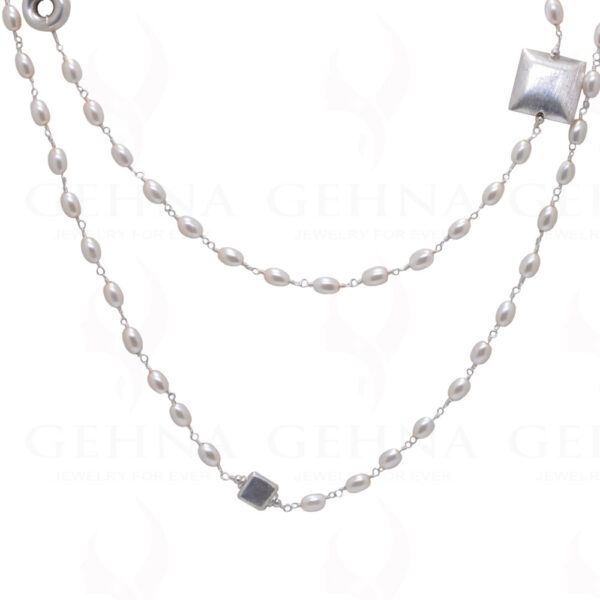 52" Inches Long Pearl Knotted Chain With Silver Elements Cm1128