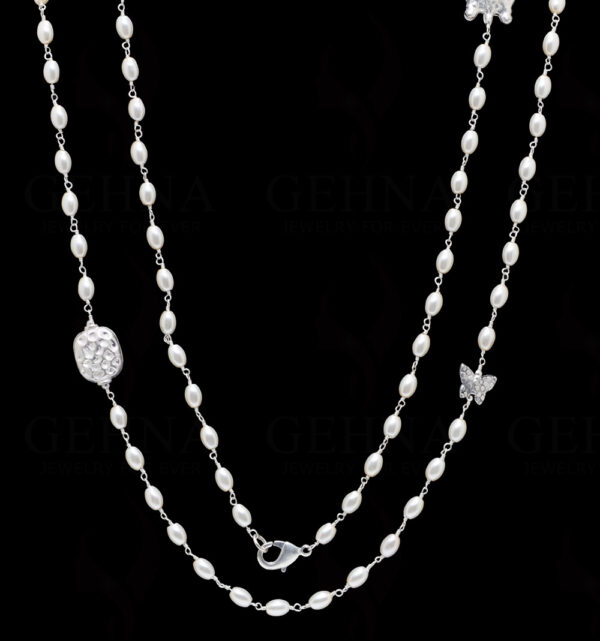 52" Inches Long Pearl Knotted Chain With Silver Elements Cm1128