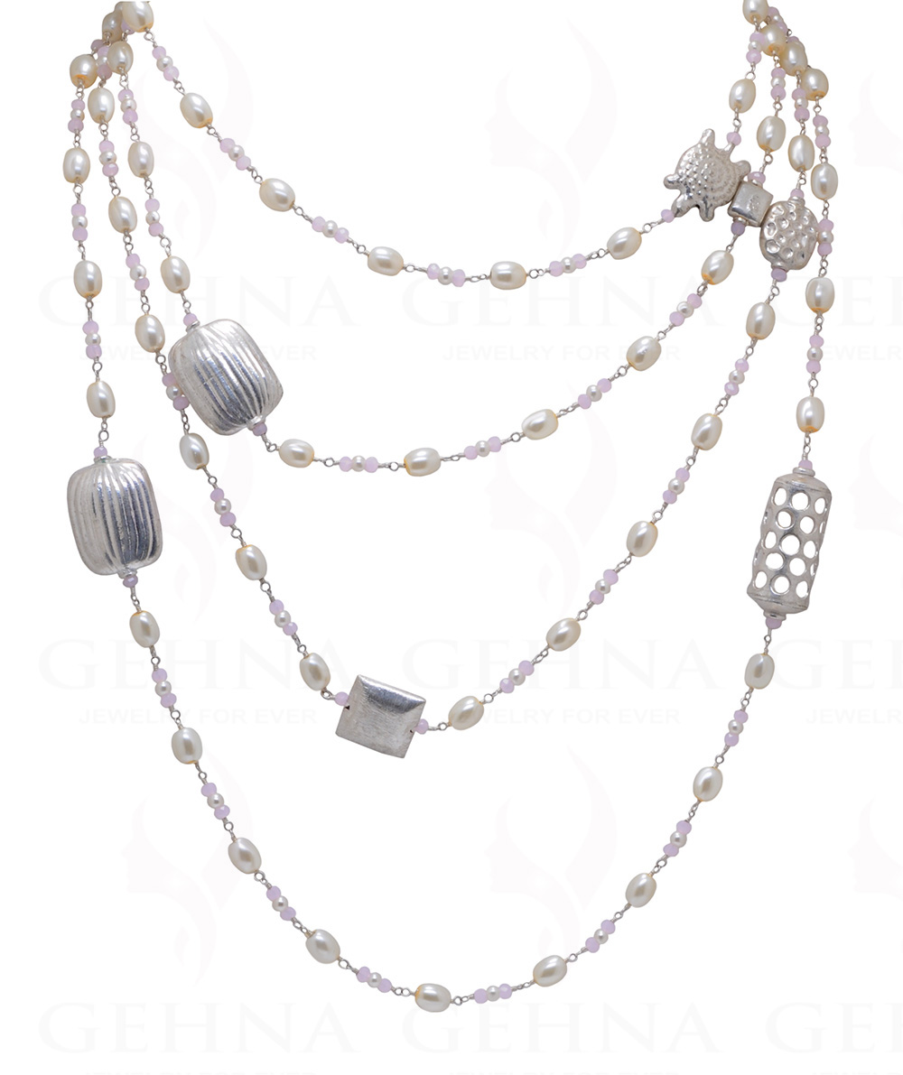 84" Inches Long Pearl & Pink Chalcedony Knotted Chain With Silver Element Cm1129