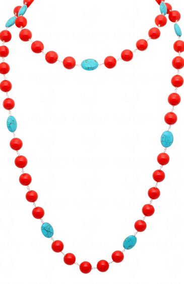 Turquoise & Coral Gemstone Bead Chain Knotted In .925 Sterling Silver CS-1129