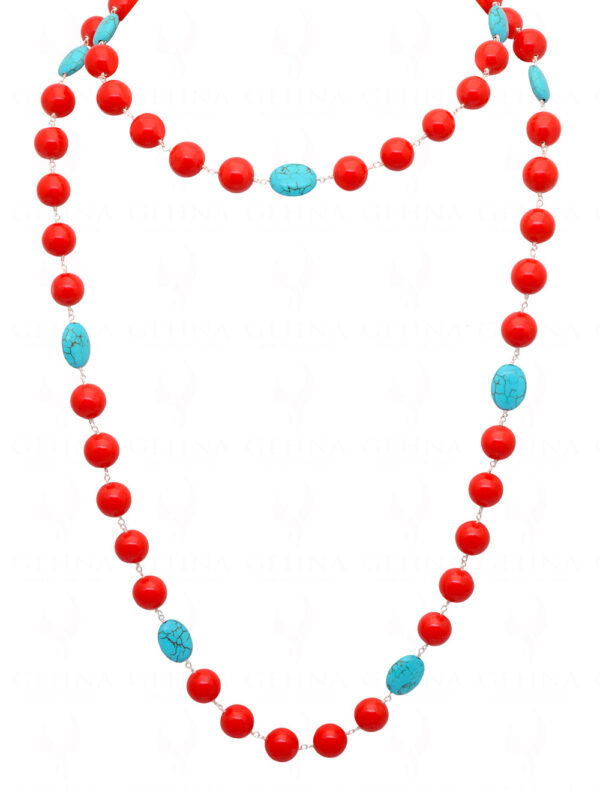 Turquoise & Coral Gemstone Bead Chain Knotted In .925 Sterling Silver CS-1129