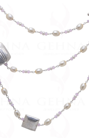 84″ Inches Long Pearl & Pink Chalcedony Knotted Chain With Silver Element Cm1129