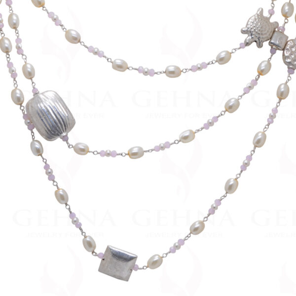 84" Inches Long Pearl & Pink Chalcedony Knotted Chain With Silver Element Cm1129