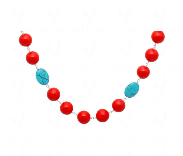 Turquoise & Coral Gemstone Bead Chain Knotted In .925 Sterling Silver CS-1129