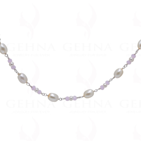 84" Inches Long Pearl & Pink Chalcedony Knotted Chain With Silver Element Cm1129