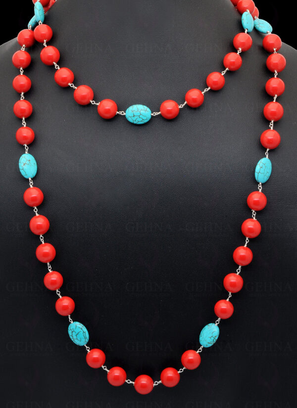 Turquoise & Coral Gemstone Bead Chain Knotted In .925 Sterling Silver CS-1129