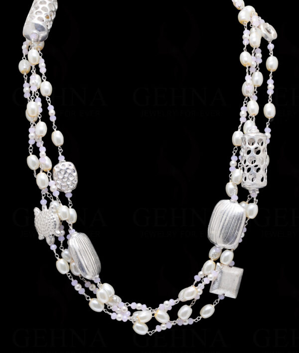 84" Inches Long Pearl & Pink Chalcedony Knotted Chain With Silver Element Cm1129