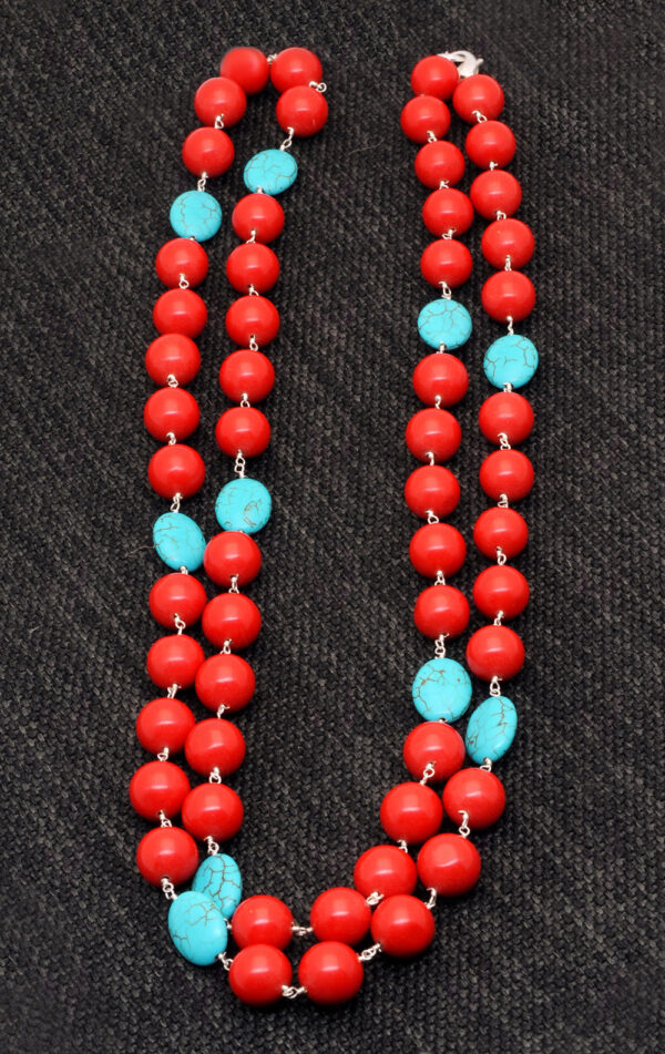 Turquoise & Coral Gemstone Bead Chain Knotted In .925 Sterling Silver CS-1129