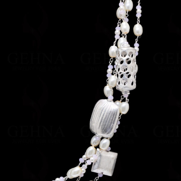 84" Inches Long Pearl & Pink Chalcedony Knotted Chain With Silver Element Cm1129