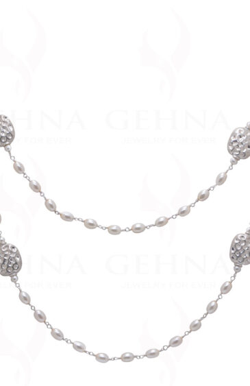 44″ Inches Long Pearl Knotted Chain With Silver Elements Cm1130