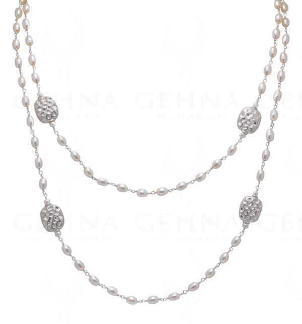 44" Inches Long Pearl Knotted Chain With Silver Elements Cm1130