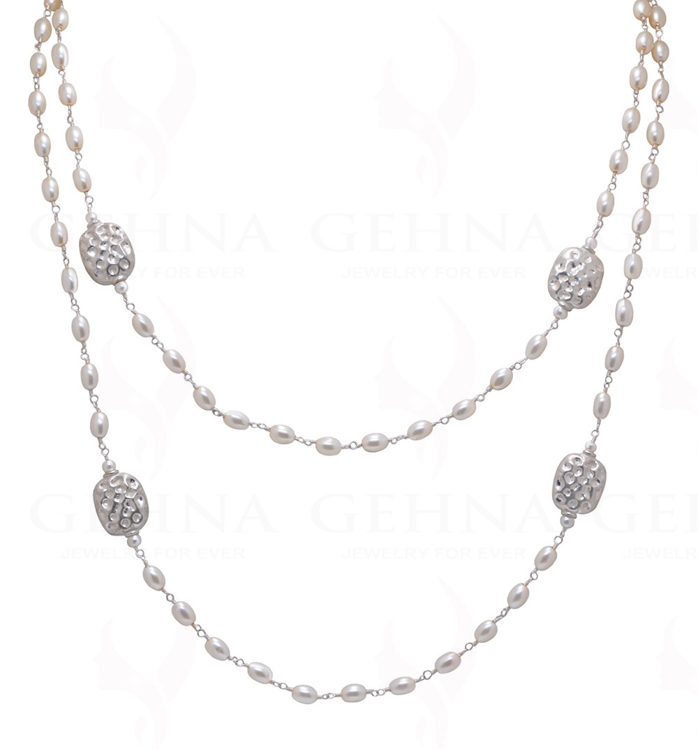 44" Inches Long Pearl Knotted Chain With Silver Elements Cm1130